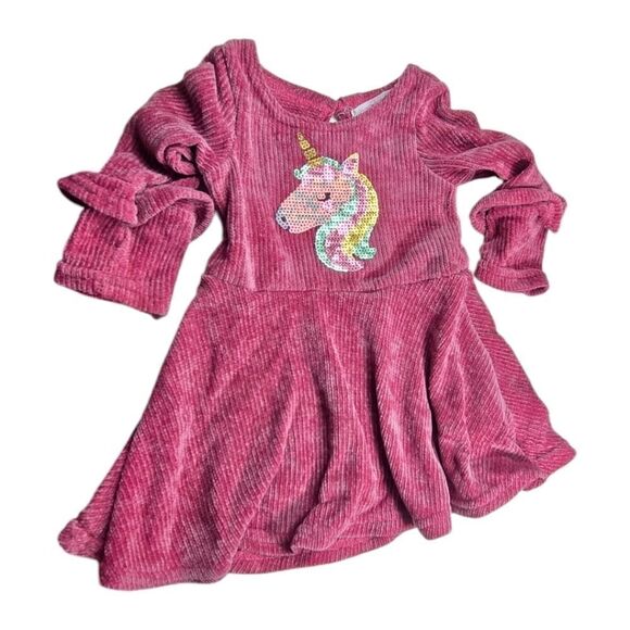 Baby Girl 12M Plush Sequin Unicorn Dress Ruffle Sleeve Dark Pink Velour Skater - Picture 1 of 9